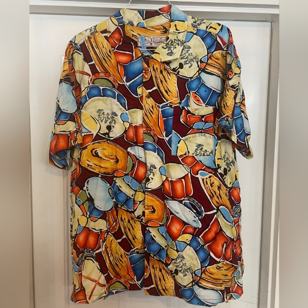 BAYOU WEAR New Orleans Abstract Jazz Fest Buttons 2XL Short Sleeve Shirt RARE